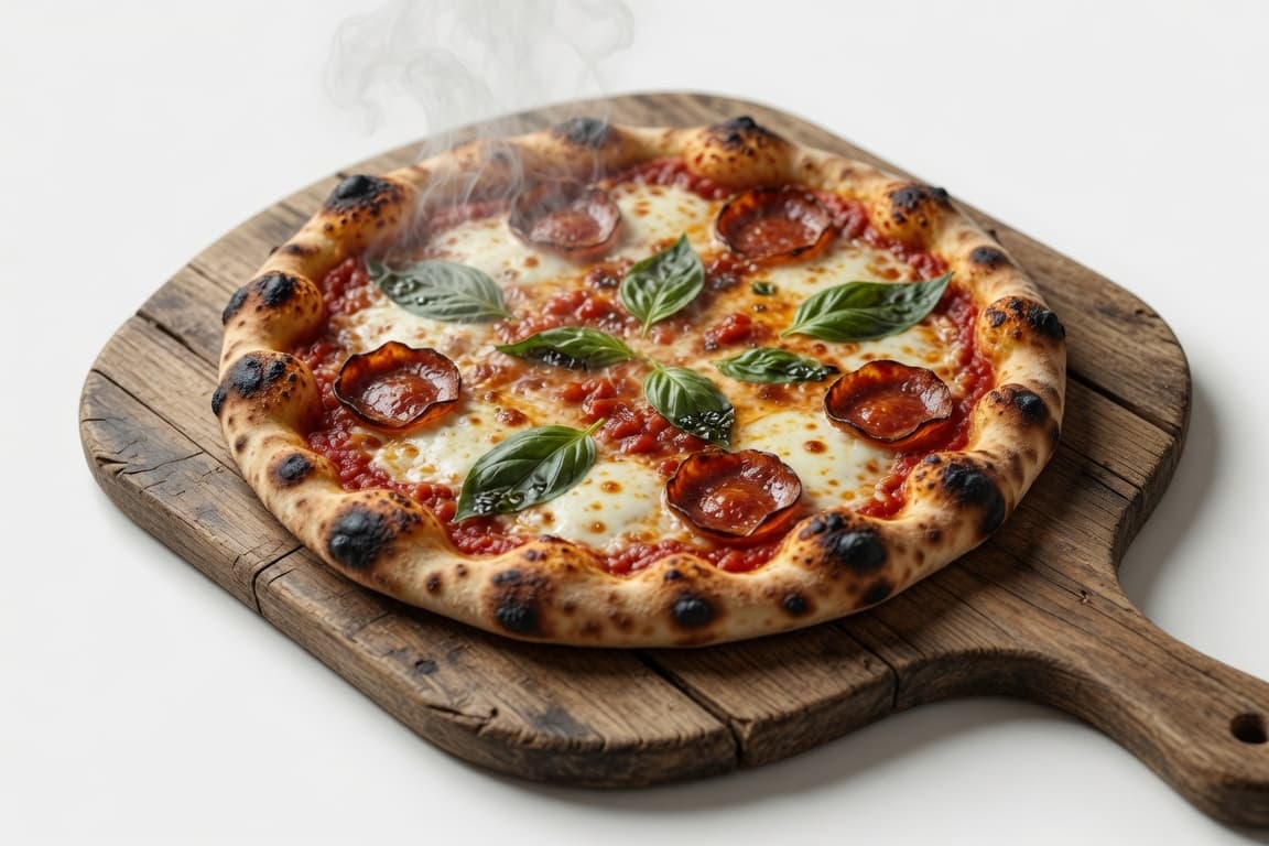 A steaming hot pizza on a rustic wooden paddle